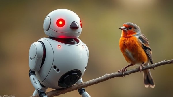 J’orge Garcia Finch Robot next to a vivid finch on branch.