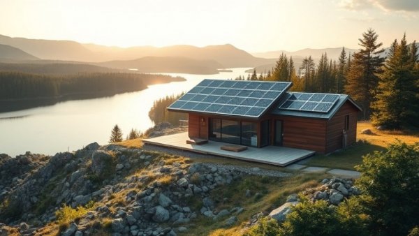 Off-grid home with solar panels on rocky terrain near a lake