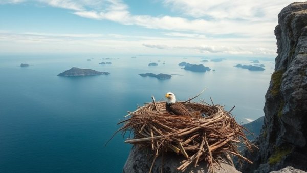 Bald eagle's nest with twigs and kelp overlooking ocean view.