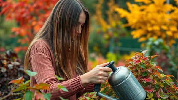 Woman practicing outdoor garden water conservation with watering can.