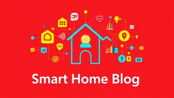 Smart Home Blog logo showcasing connected smart home icons on red background.