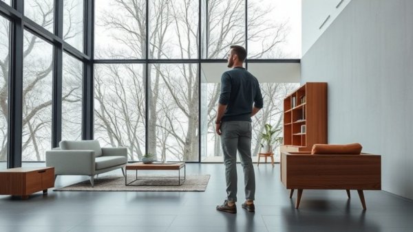 Modern minimalist architecture with thoughtful man, simplicity vs minimalism in focus.