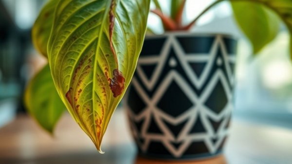 Drooping plant leaf with discoloration indoors, decorative pot.