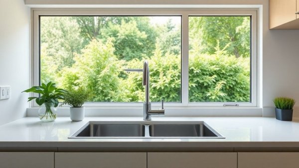 Modern kitchen setup with visible under-sink water filter installation.