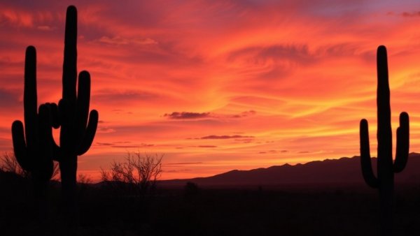 Silhouetted cacti in Tenerife at sunset.