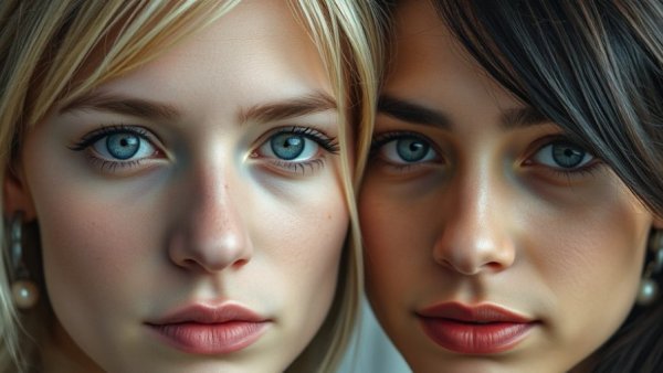 Close-up portraits of two individuals, neutral expressions, Broadway context.