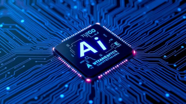 Futuristic AI chip on a circuit board with blue digital design, AI Dashcam Plus concept.
