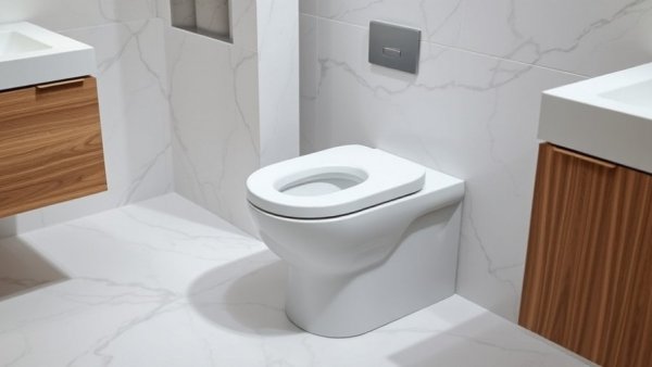 Modern composting toilet in sleek bathroom with marble tiles.
