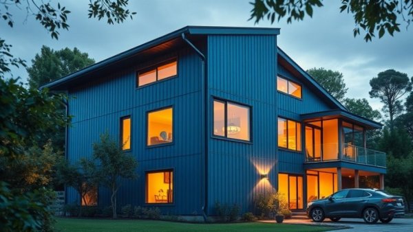 Modern house with blue metal siding in lush setting, evening view.