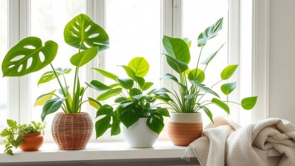 Lush indoor plants on a windowsill, winter houseplant care focus.