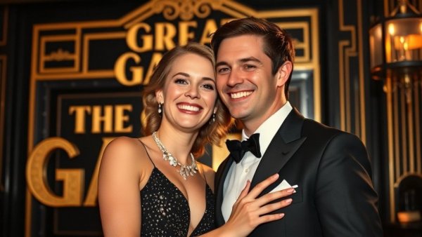 Elegant couple smiling at The Great Gatsby musical event