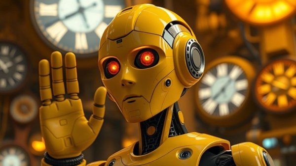 Futuristic yellow robot waving with clocks and currents, AI governance theme.