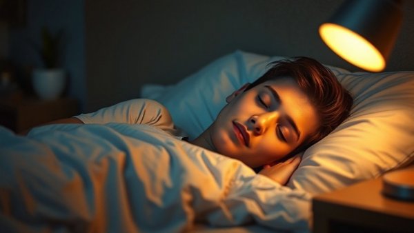 Relaxed person in bed, lamp-lit room.