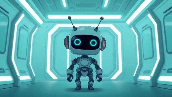 Cute robot in futuristic room, representing protect home from Wi-Fi jammer attacks.