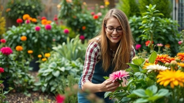Smiling woman tending plants in vibrant outdoor garden with raised beds.