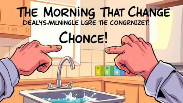 Comic illustration of water splash near sink and light on cabinet, depicting decision-making moment, Bathroom Vanity Finishes 2026.