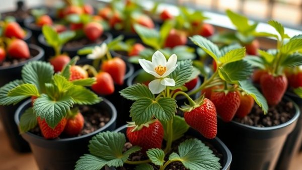 Strawberry plants with blossoms in pots, indoor method.