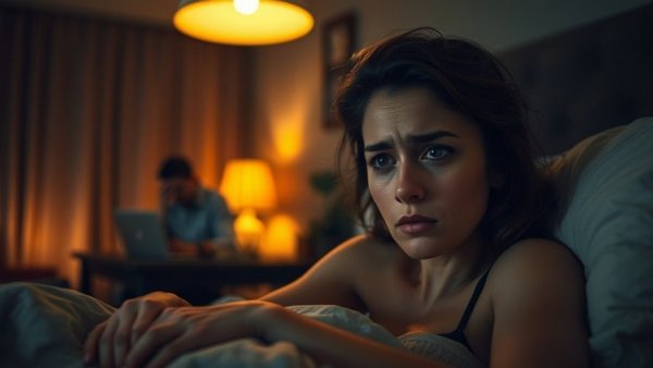 Anxious woman in bed with an unfocused figure, Acupuncturist Saved Carrie Coon on Broadway.