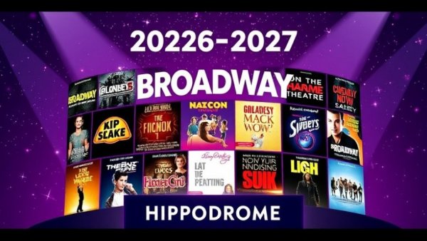 Bright Hippodrome Theatre 2026-2027 Broadway Series poster with various show covers.