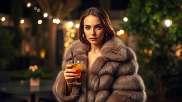 Elegant woman in Palm Royale garden holding a drink, cinematic.