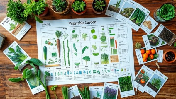 Vegetable garden plan with seed packets on a table.