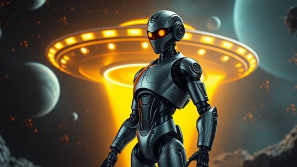 AI Experience Center: Futuristic robot with sci-fi backdrop.