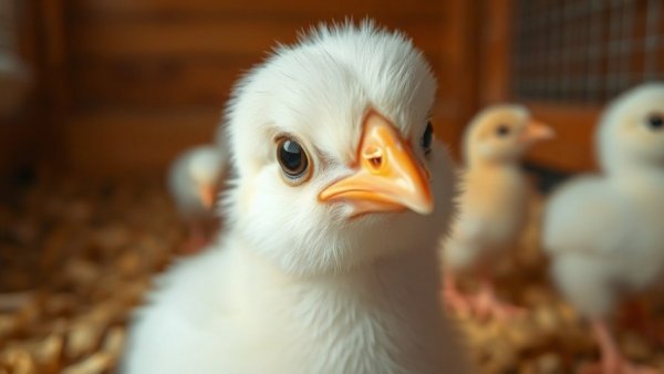 Chick gender identification: close-up of a curious white chick indoors.