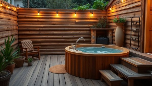 Cozy hydrotherapy setup at home with hot tub and plants.