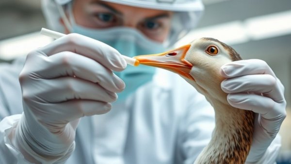 H5N1 alert in Kerala: Scientist swabbing duck for avian flu test.