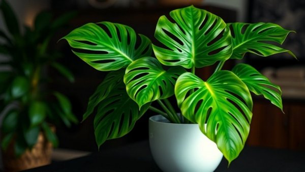 Vibrant Monstera plant care in white pot on dark surface.