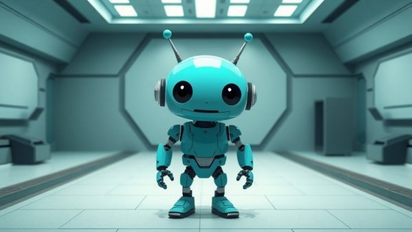 Cartoon teal robot in futuristic indoor setting.