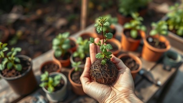 Hand holding herb plant with best soil for herbs, in garden setting.
