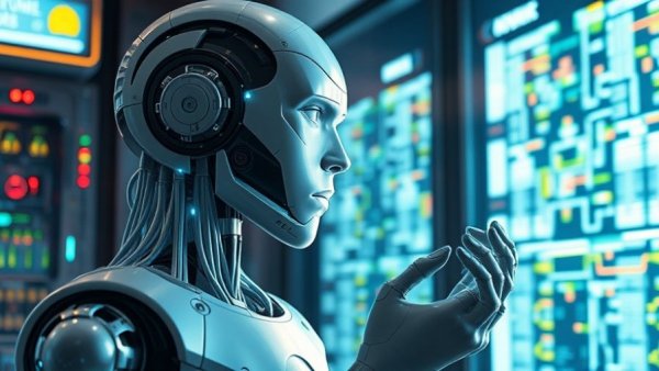 Futuristic humanoid robot calculating AI risks using a holographic interface.