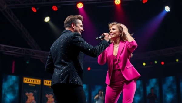 Dynamic duet performance on stage for Disney on Broadway, vibrant spotlight.