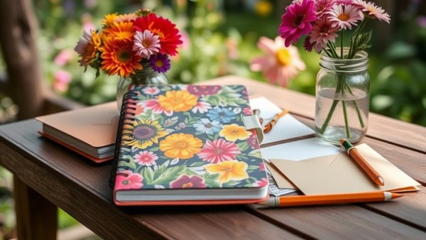 Outdoor garden journaling scene with floral notebook and flowers.