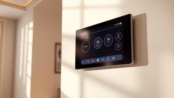 Crestron 80 Series Touch Screen displaying home control interface.