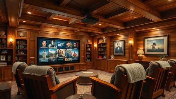 Stylish wellness-driven media room with digital screen and cozy seating.