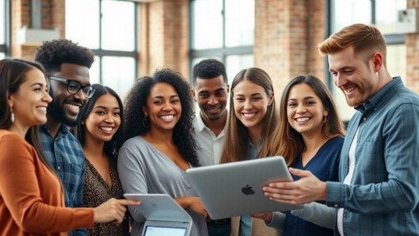 Team collaborating on AI-powered learning app development in modern office.