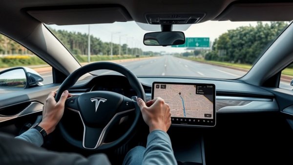 Tesla with person showcasing Full Self-Driving software on highway
