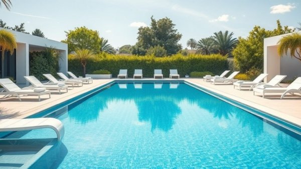 Luxurious swimming pools with lounge chairs and greenery.