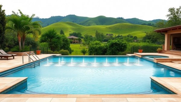 Luxurious pool planning upgrades with elegant water features and garden.