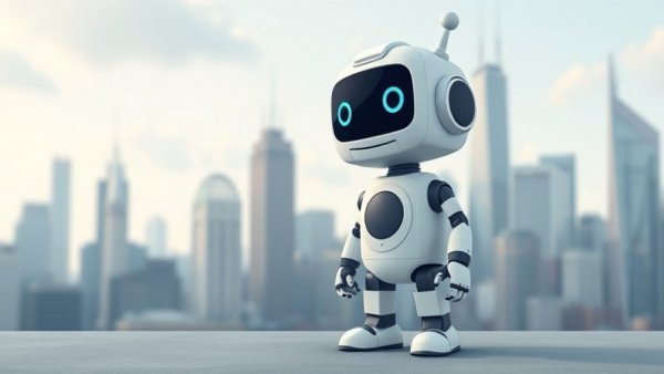 Cartoon robot standing in front of a cityscape, XReal smart glasses 3D technology.