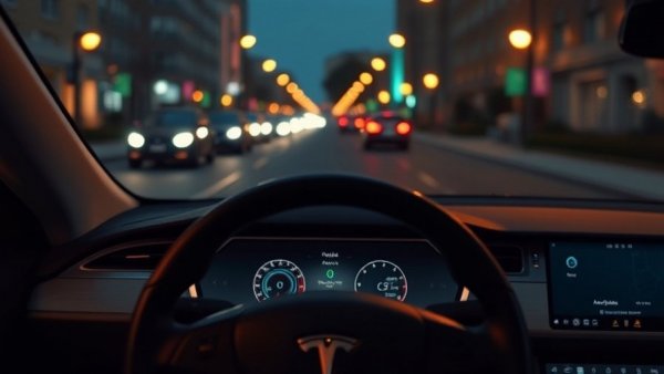 Tesla dashboard showing autopilot at night, urban setting, Tesla Autopilot Discontinuation