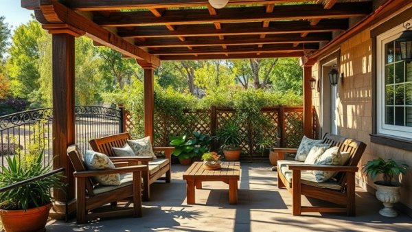 Smart outdoor living spaces with rustic pergola and cozy furniture.
