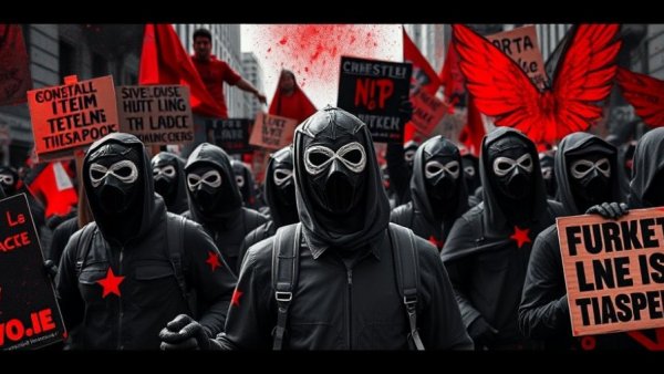 Protest against ICE in a bold graphic collage with masked figures.