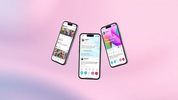 Two smartphones showing social media in a pastel background, illustrating UpScrolled surge in popularity.