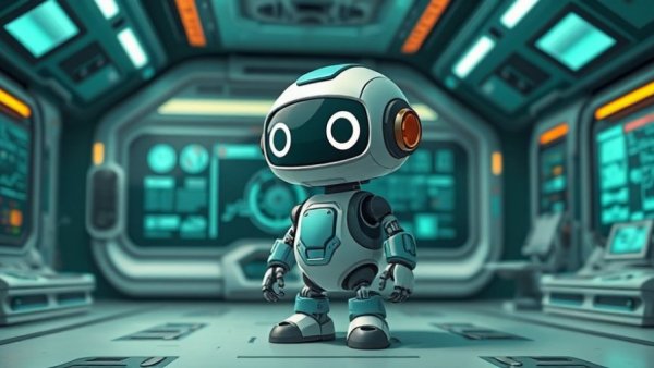 Cartoon robot in a futuristic control room, PS5 black screen solutions.