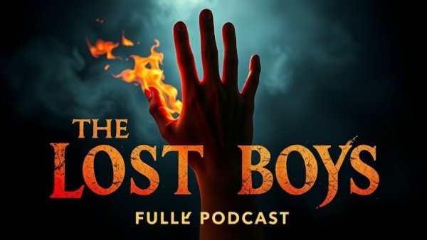 The Lost Boys musical podcast series poster with fiery hand.