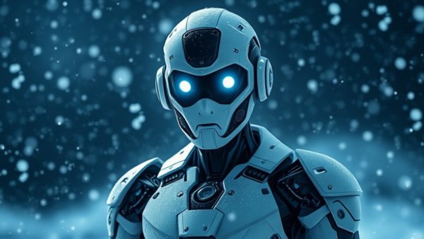 Futuristic robot showcasing advanced technology in snowy scene.