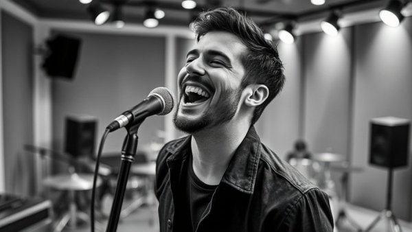 Male singer in studio, performing energetically, black and white scene.